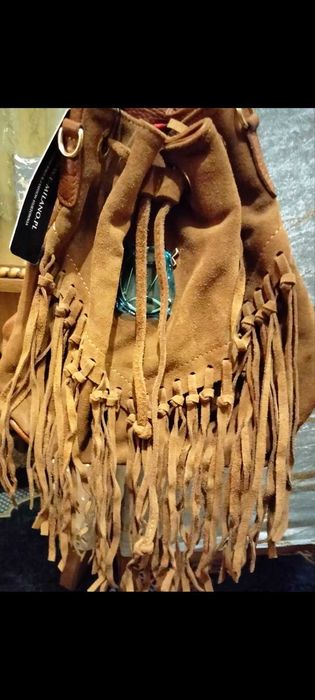 Piękny skórzany worek torebka Massimo Contti frędzle