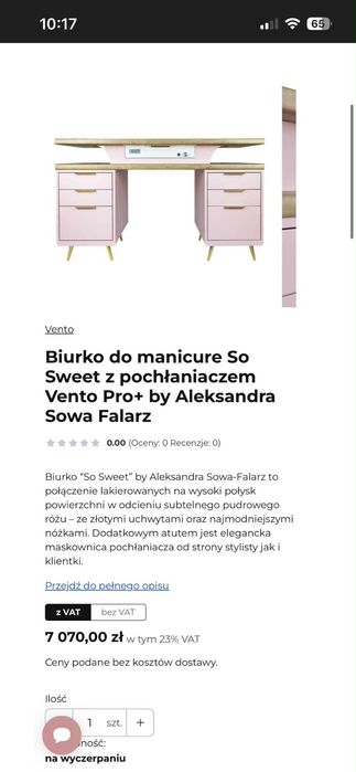 Biurko do manicure Vento So Sweet z pochłaniaczem Vento Pro+|