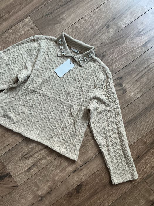Zara nowy sweter z kolnierzykiem z perełkami ozdobny splot