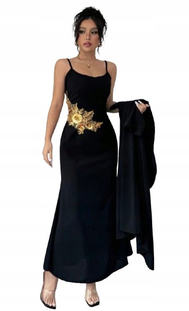 Shein czarna sukienka elegancka maxi z złotym motywem kwiatowym 38 1ka