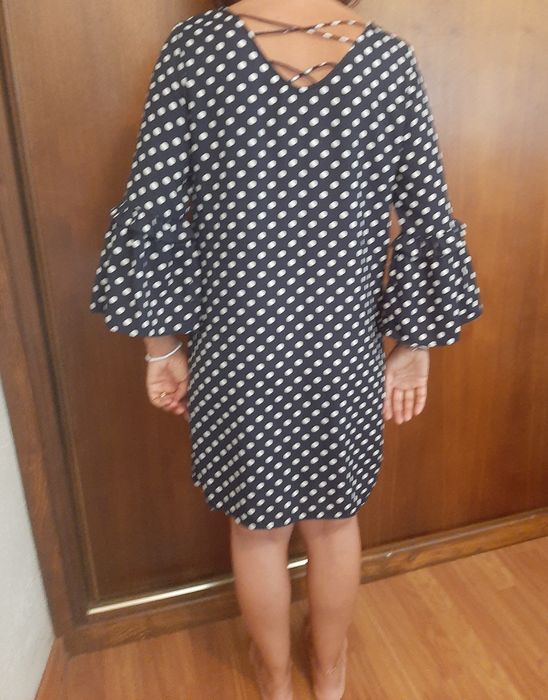 Vestido azul c bolas brancas,  M