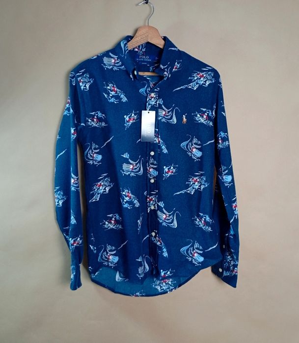 Polo Ralph Lauren Koszula Męska Granatowa Slim Fit Wzór Narciarze 100%