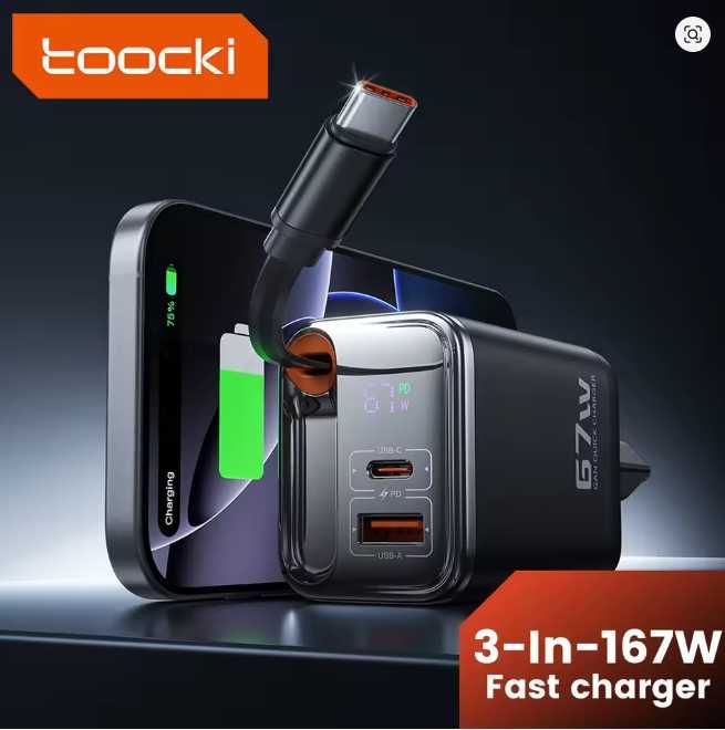 Ładowarka Toocki 67W GaN USB C z wysuwanym kablem typu C 3 w 1