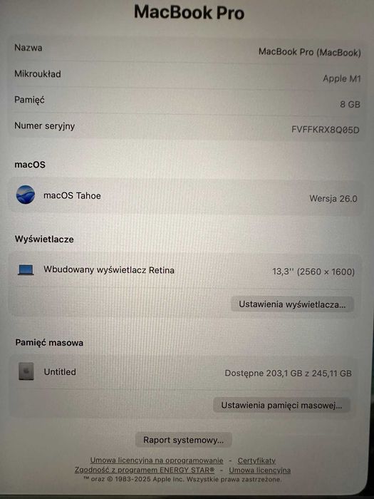 Idealny MacBook Pro 13" 2020 M1/8/256GB/MacOS 26, bateria 96%,45 cykli