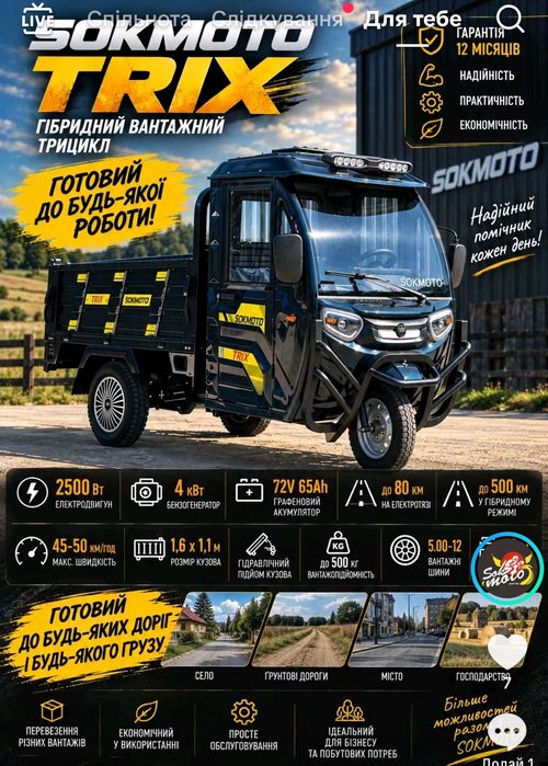 Електро трицикол COK MOTO TRIX 2500 гібрід