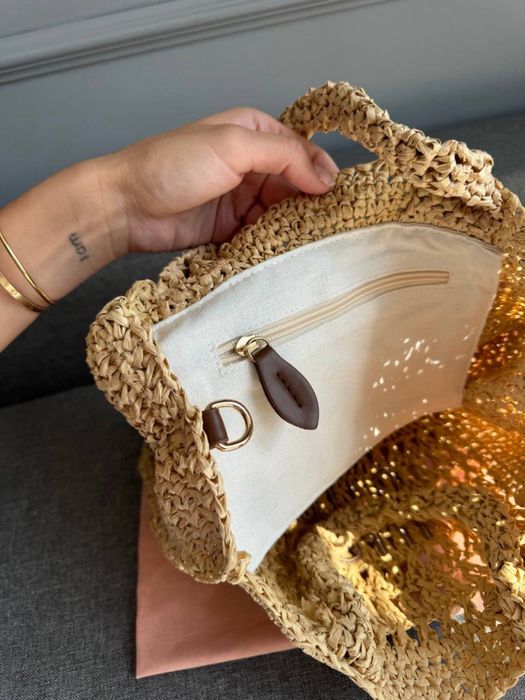 Сумка Miu Miu Crochet Raffia Tote Bag with Brown Leather Strap літня