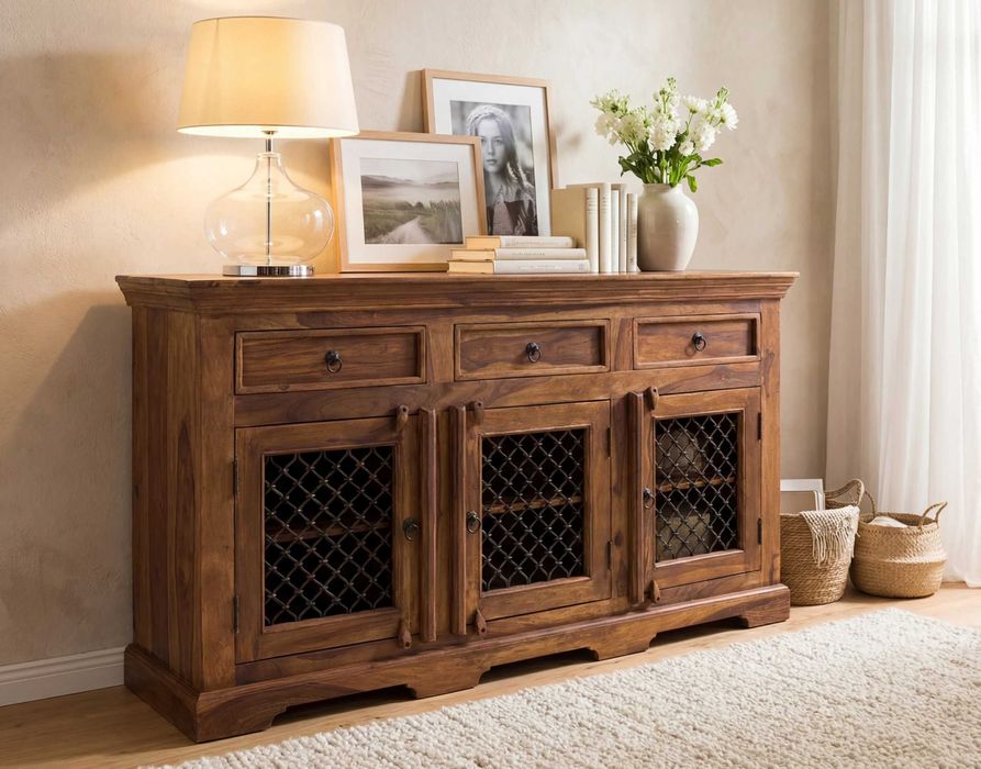 Komoda Merlow z akacji indyjskiej metalowe kratki 150x90x45cm