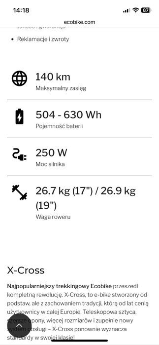 Rower elektryczny Ecobike X-Cross White