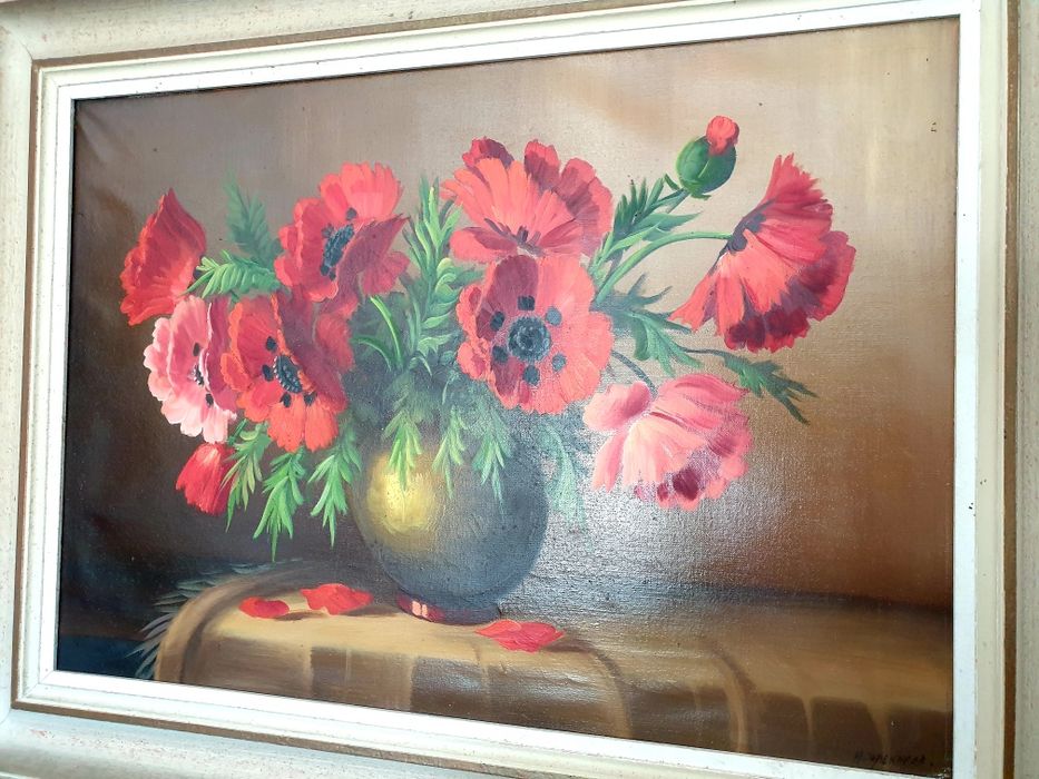 Wonderful antique still life painting - poppies - signed