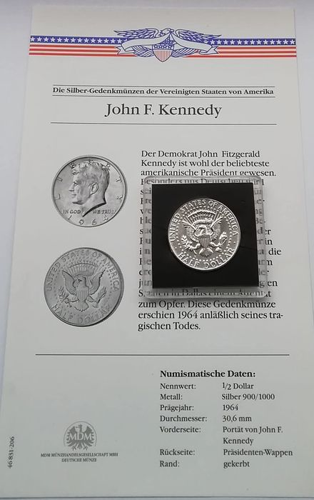 США 1/2 долара 1964р. Кеннеді Півдолара. СРІБЛО. СЕРТИФІКАТ! 900 Проба
