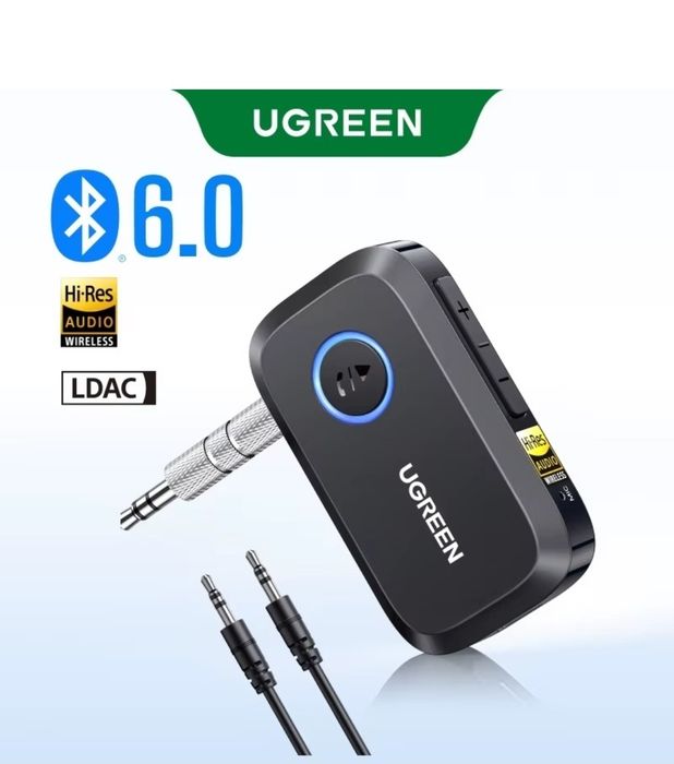Приймач адаптер UGREEN BT509 Bluetooth 6.0 Receiver LDAC для авто, стереосистем, бездротовий приймач AUX,ок: Bluetooth-аудіоадаптер Ugreen LDAC