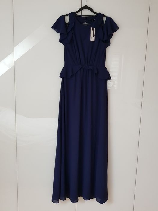 Nowa długa  sukienka koktajlowa S ASOS nowa z metką granatowa na wesele odkryte plecy wizytowa wieczorowa elegancka klasyczna maxi z falbankami