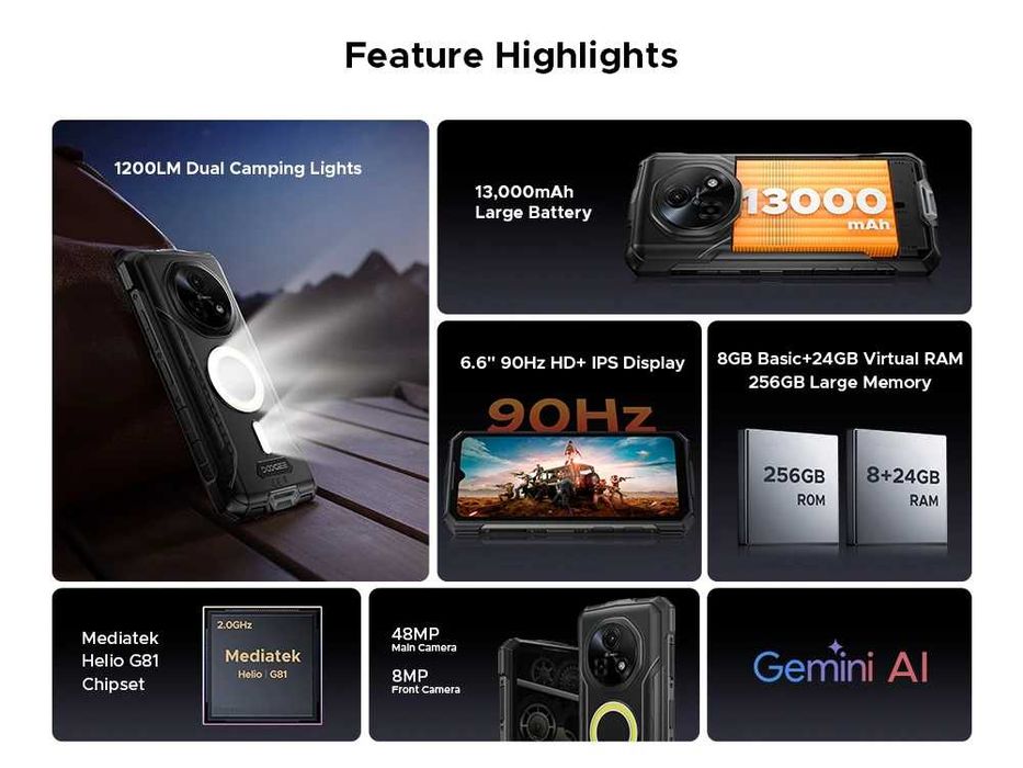 DOOGEE Fire 5 Ultra com Luzes de Camping de 1200LM, 32GB (8+24) de RAM, 256GB de ROM