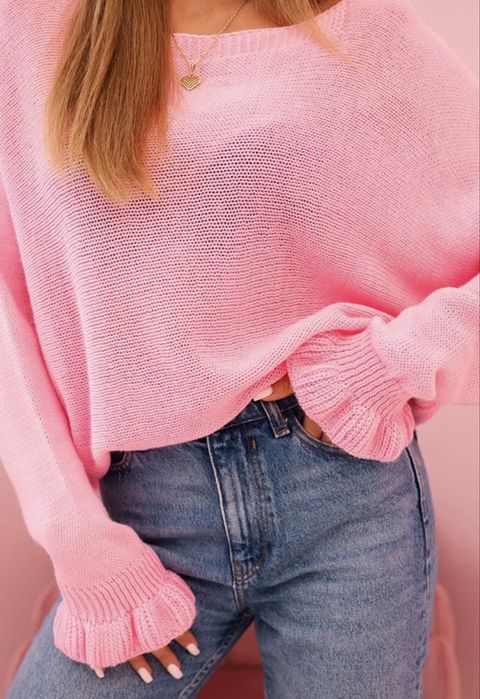 Różowy sweter dzwonek dzwonki szerokie rękawy moher wełna hit