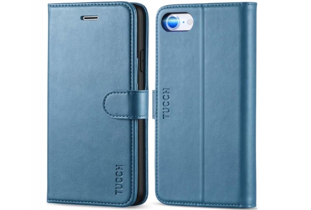 Etui z klapką TUCCH błękitne metaliczne skórzane do iPhone 7/8