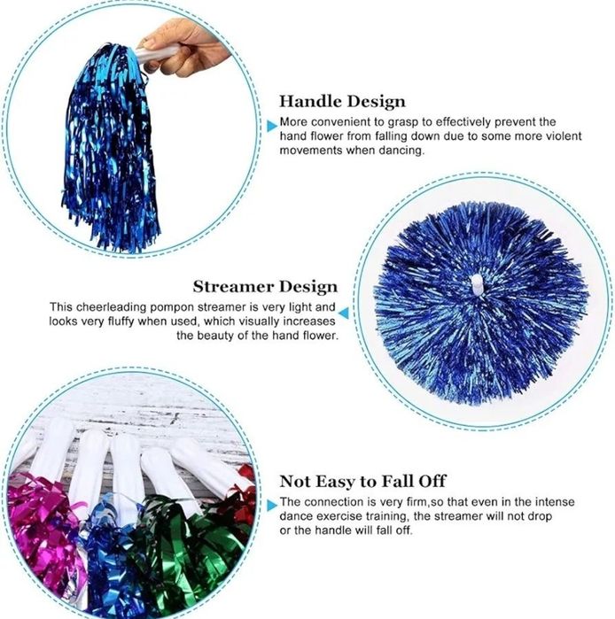 Pompony cheerleaderki kolorowe 12szt zestaw B330