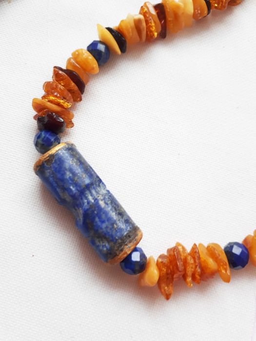 Naszyjnik z bursztynami i lapis lazuli, handmade