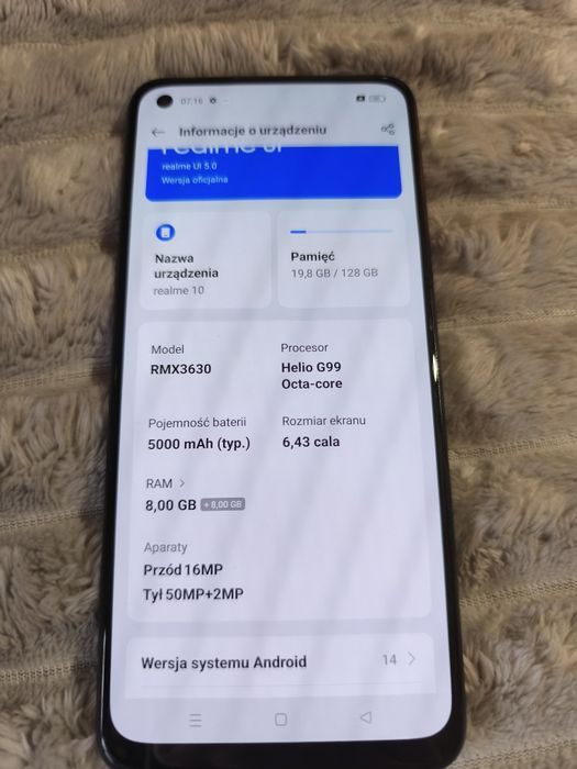 Realme 10 RMX3630 8GB Ram 128GB pamieci android 14 LTE 90hz amoled