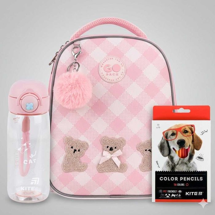 Рюкзак GoPack Education напівкаркасний Teddy Bears + олівці Kite 18кол. + пляшка.