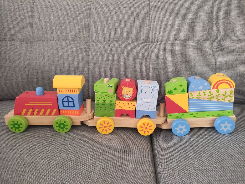 Zabawki drewniane zestaw pociąg kręgle warzywa liczydło