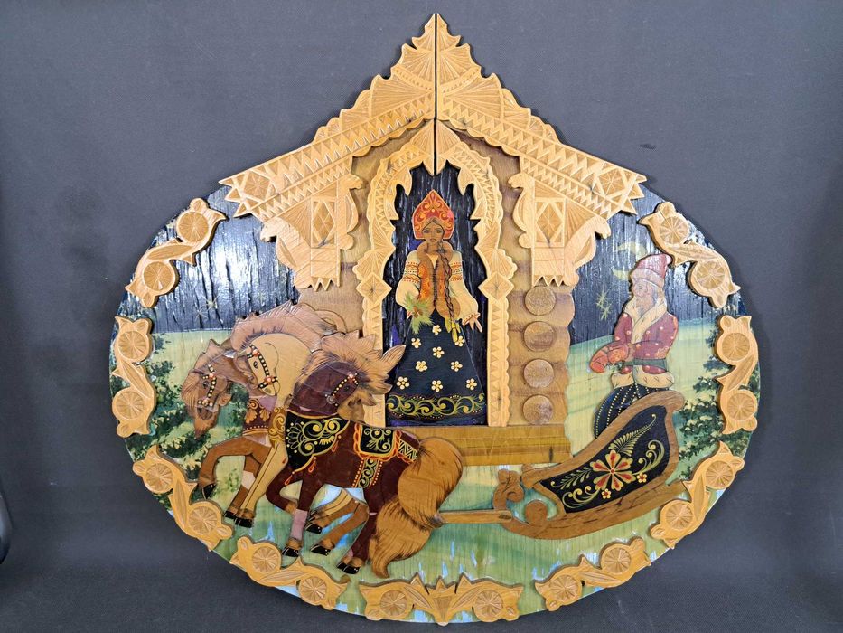Ludowa, drewniana płaskorzeźba rosyjska, obraz 62 cm x 66 cm