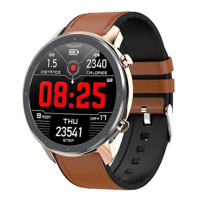 Stylowy Smartwatch L11 Srebrny Pasek Skóra Ekologiczna-Guma EKG
