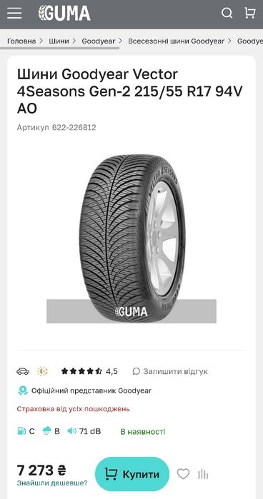 НОВІ  ШИНИ 215/55 17 Goodyear  всезезон