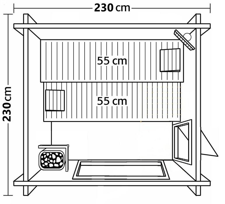 Sauna 230 x 230 cm duża witryna piec harvia wall kamienie