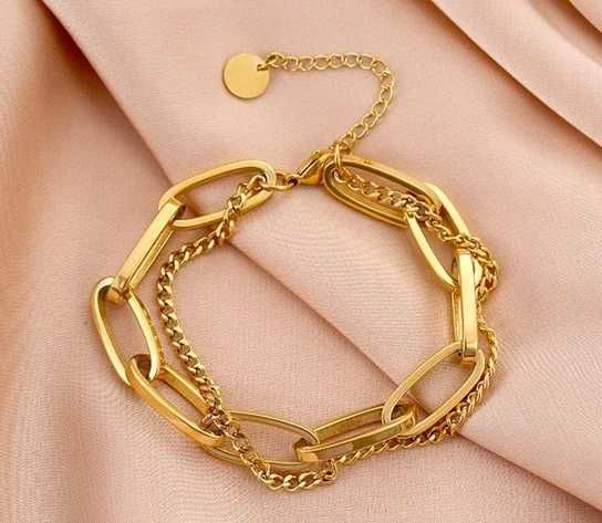 Złota Bransoletka Podwójny Łańcuszek Łańcuch Stal Szlachetna kod A19