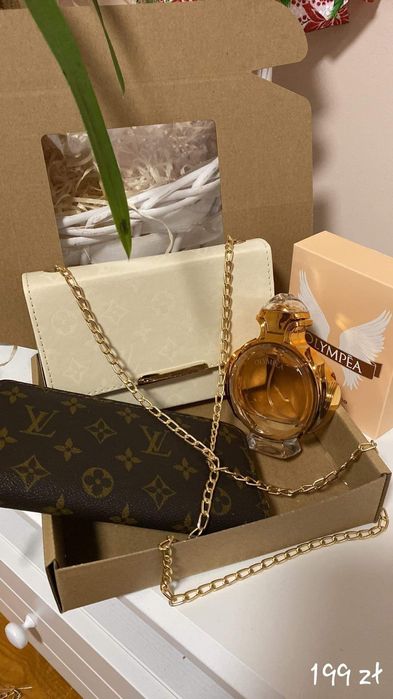 Damski zestaw torebka, portfel, perfumy