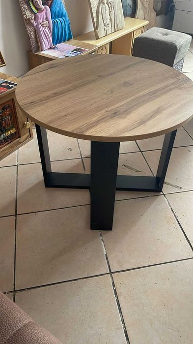 Stolik okrągły kawowy drewniany blat industrialny loft jak nowy