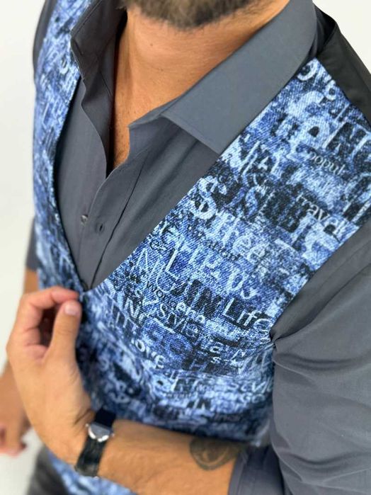 GIOVANNI PERA kamizelka męska D628 niebieska w napisy, efekt jeansu