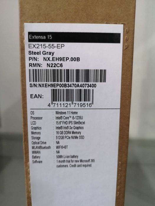 Laptop ACER Extensa 15 EX215 i5-1235U 16/512 SSD W11 Nowy Pruszcz