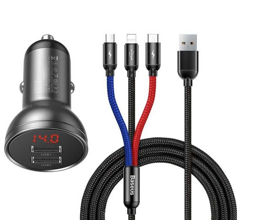 Ładowarka samochodowa 4.8A + kabel 3w1 1,2m