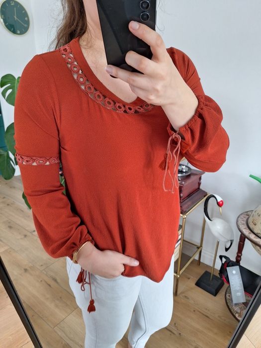 Koszula bluzka elegancka koronkowa pomarańczowa do pracy casual basic