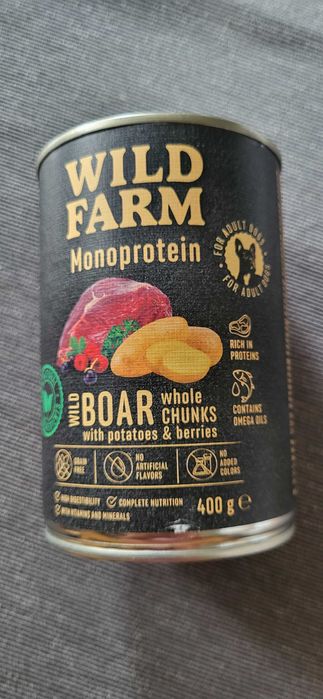 Karma mokra Wild Farm dziczyzna, ziemniaki i jagody, puszki 12x400g