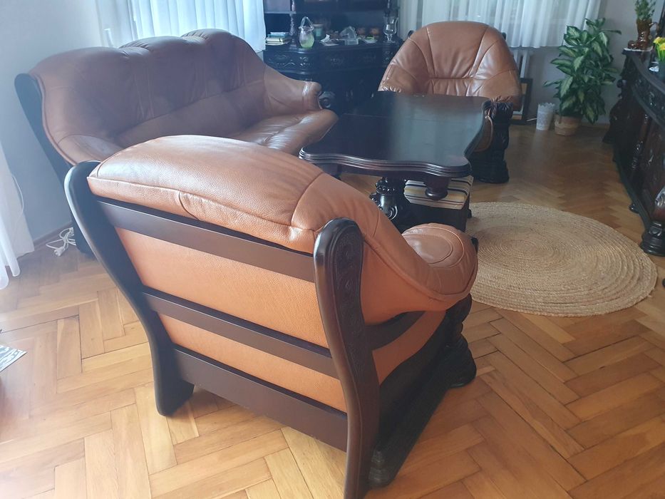 Stylowy komplet wypoczynkowy 3+1+1 SKÓRA NATURALNA + pasujący STÓŁ