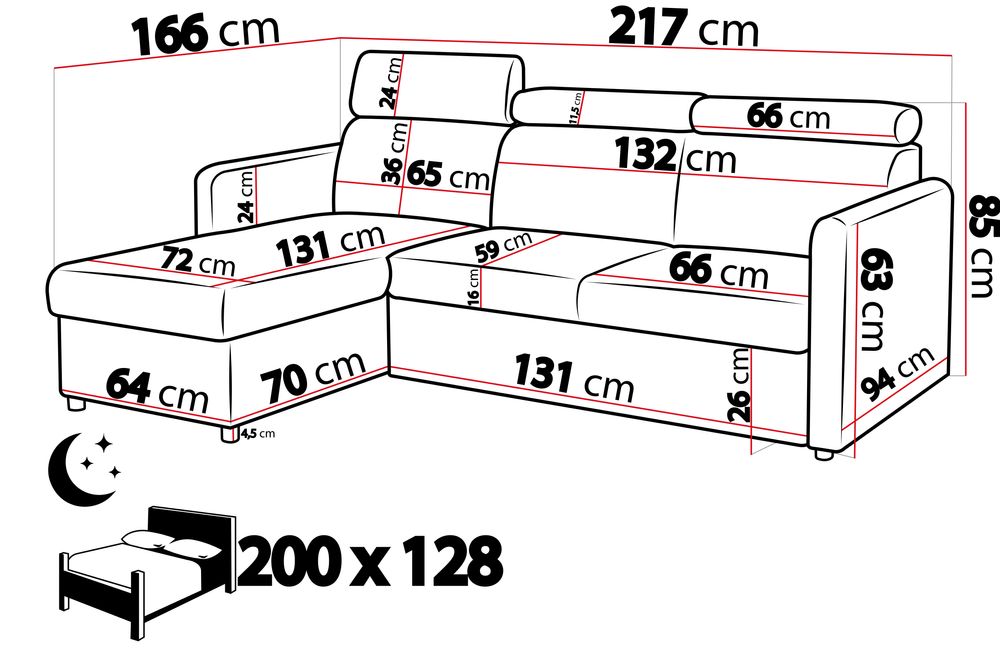 Narożnik BARCELO 220x165 - funkcja spania, pojemnik, ruchome zagłówki