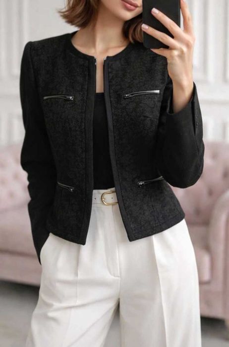 Elegancka kurtka wiosenna marynarka wełna casual base czarna