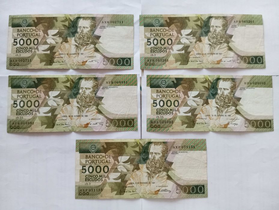 Notas de 5000 escudos - Lote de 5 por 100 euros