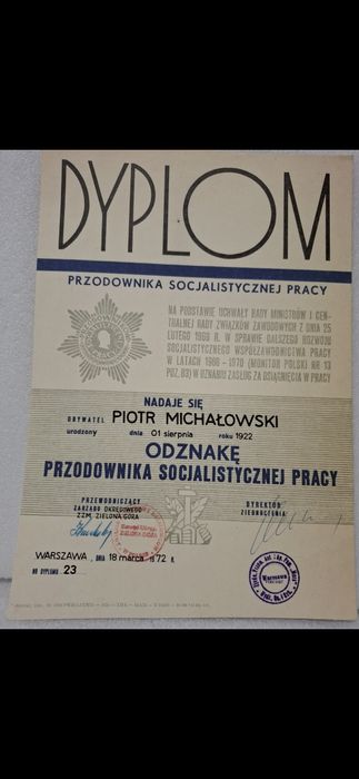 Dyplom Przodownika Pracy Socjalistycznej 1972r