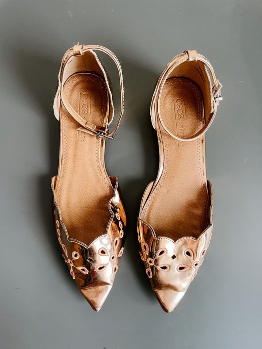 Złote baleriny Mary Jane z paskiem, asos, rozmiar 37