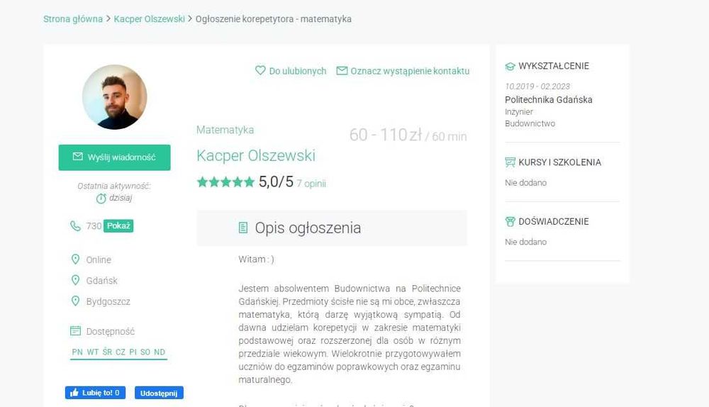 Korepetycje matematyka - szkoła podstawowa/liceum/matura (ONLINE)