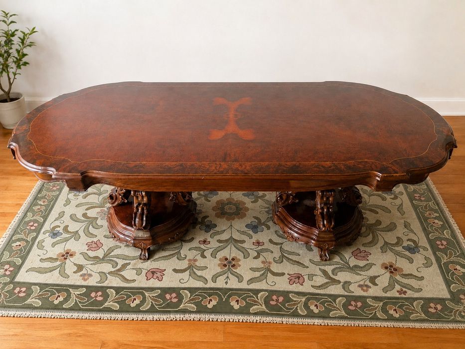 Conjunto de sala de jantar em raiz de nogueira: mesa, cadeiras e móvel
