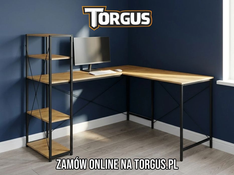 NOWE Duże Biurko Narożne z Regałem 140x145 cm Loftowe Metalowe Komputerowe Gamingowe Do Biura Gabinetu Royal Oak Black Oak FAKTURA!