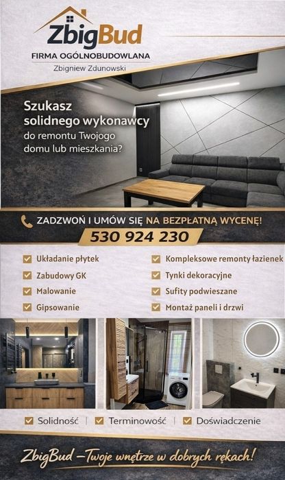 Usługi remontowe, wykończenia wnętrz, gładzie, układanie płytek