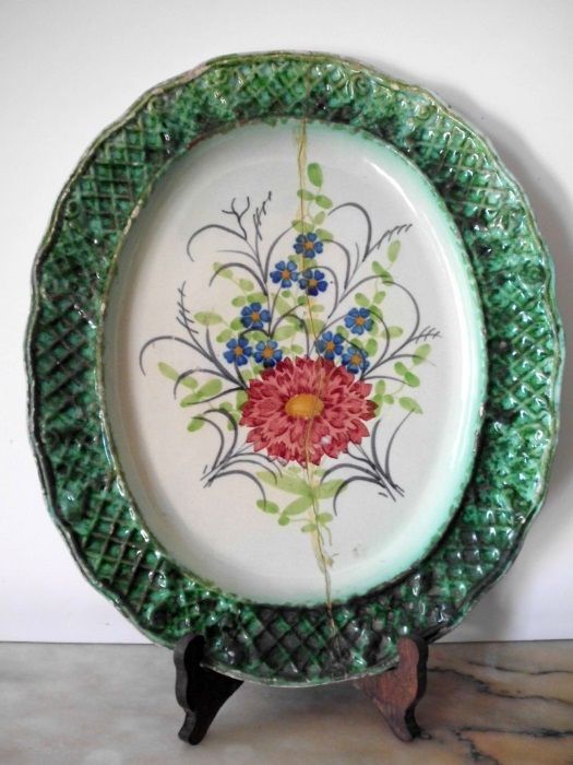 grande lindo antigo prato oval - travessa em faiança portuguesa