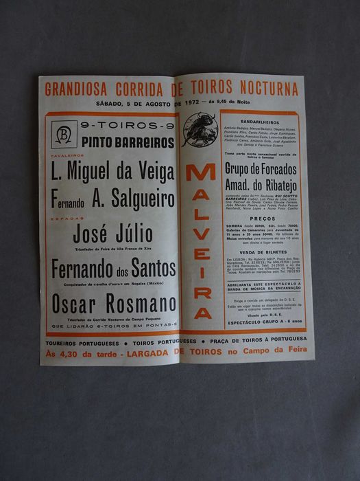 Programa de tourada bullfight Malveira 5 agosto 1972