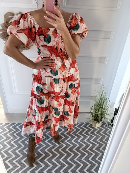 Sukienka nidi kwiaty bufiste rękawy wiosna 42 xl