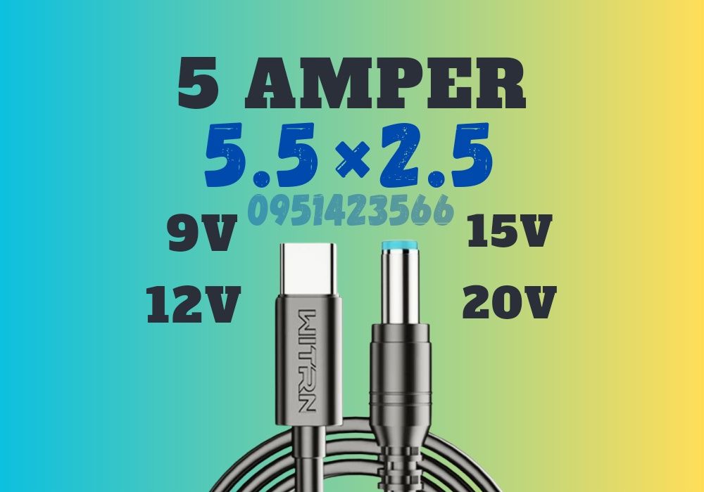 WITRN USB-C PD кабель питания -> DC 5.5x2.5, 9/12/15/20V, до 5A, 1.2м